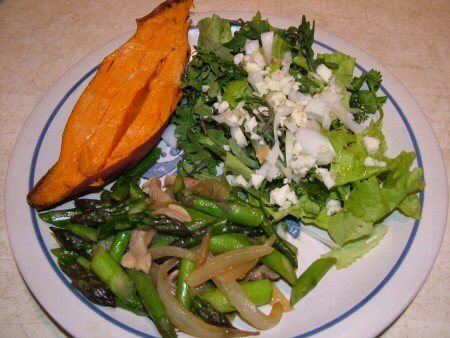 Sweet Potato, Asparagus Stir Fry, Garden Salad